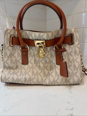 Michael Kors Cream Logo Canvas Satchel with Brown Leather Trim